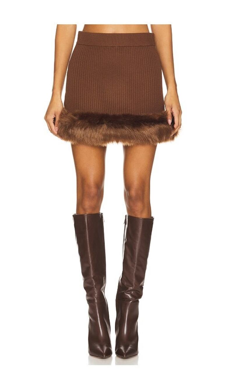 Revolve Show me your Mumu Fran Mini Skirt in Chocolate Ribbed Fur Trim Size M